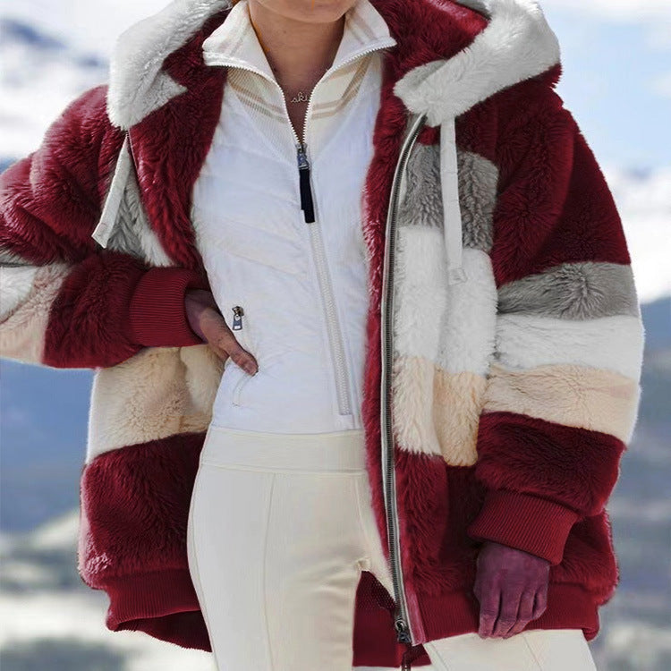 New Autumn Winter Warm Plush Pocket Hooded, Oversized Jacket for Women, Streetwear Loose Lady Outerwear Coat