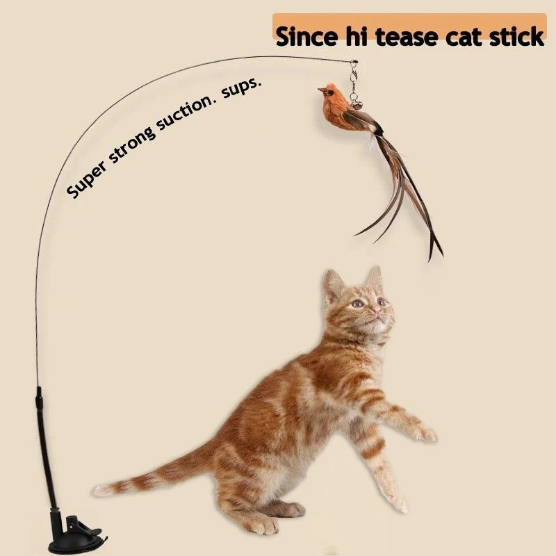 Feather-Bird Interactive Cat Wand, Premium Suction-Stick Teaser for Confident Indoor Cats