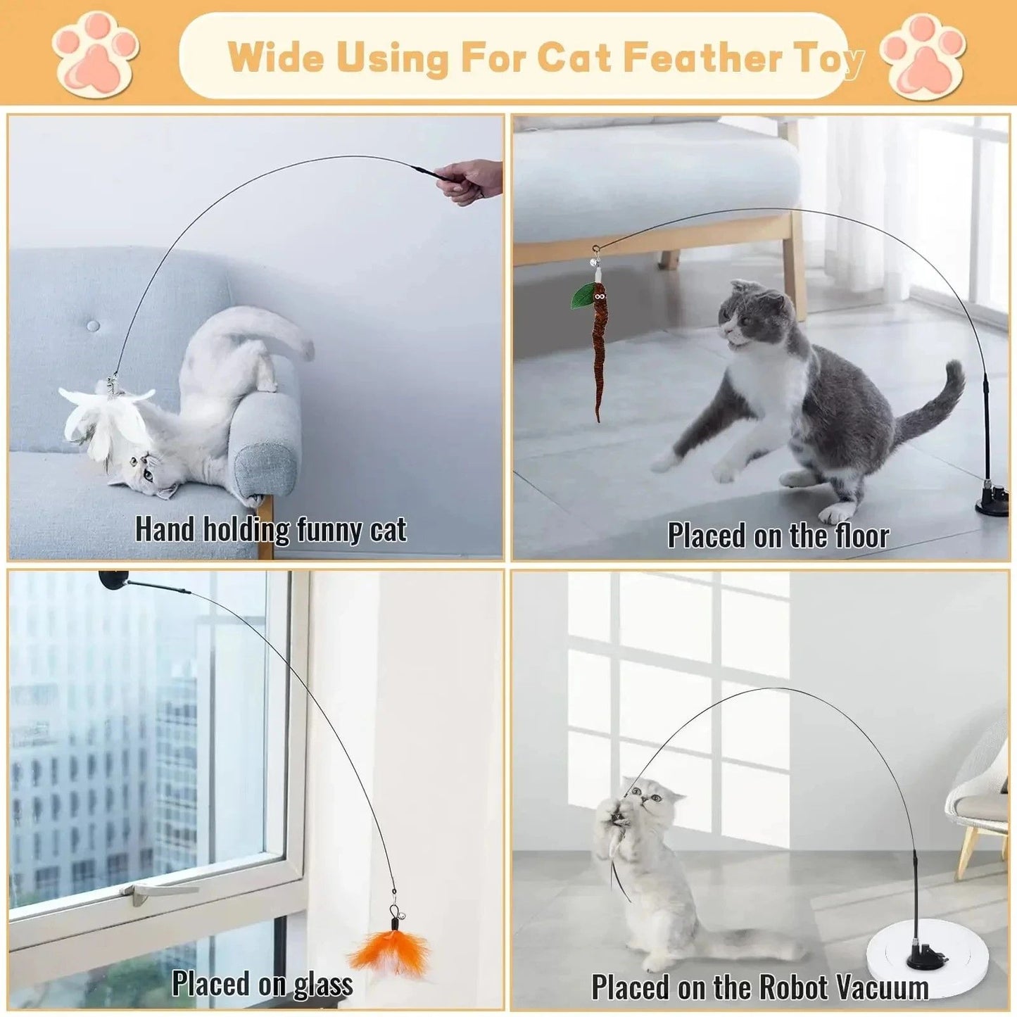 Feather-Bird Interactive Cat Wand, Premium Suction-Stick Teaser for Confident Indoor Cats