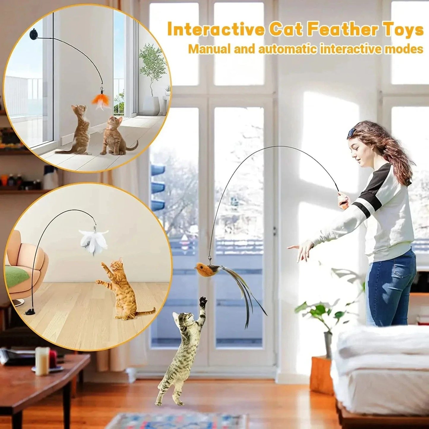 Feather-Bird Interactive Cat Wand, Premium Suction-Stick Teaser for Confident Indoor Cats