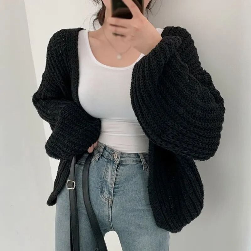 Vintage Women Cardigan Sweater Harajuku Lantern Sleeve Casual Korean Fall Streetwear Top