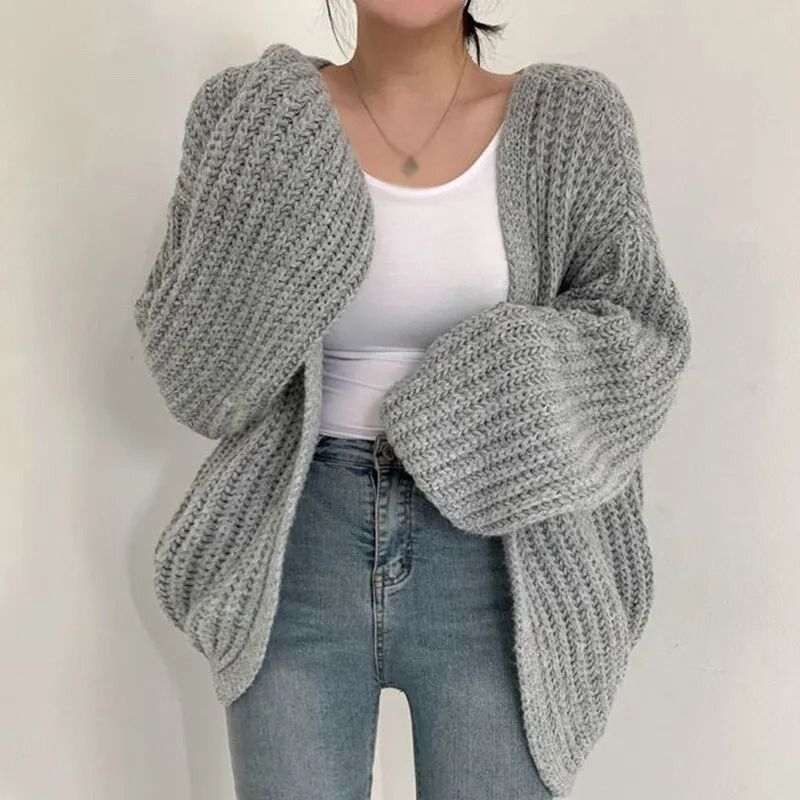 Vintage Women Cardigan Sweater Harajuku Lantern Sleeve Casual Korean Fall Streetwear Top