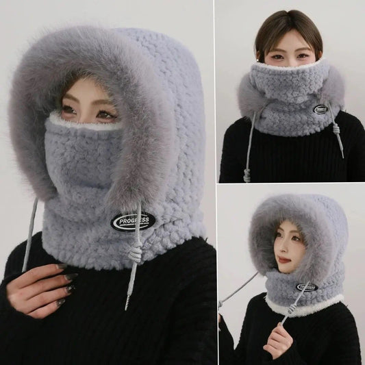 CozyShield Womens 3-in-1 Winter Thermal Plush Hood, Scarf Mask, Windproof Ear-Protection Hat