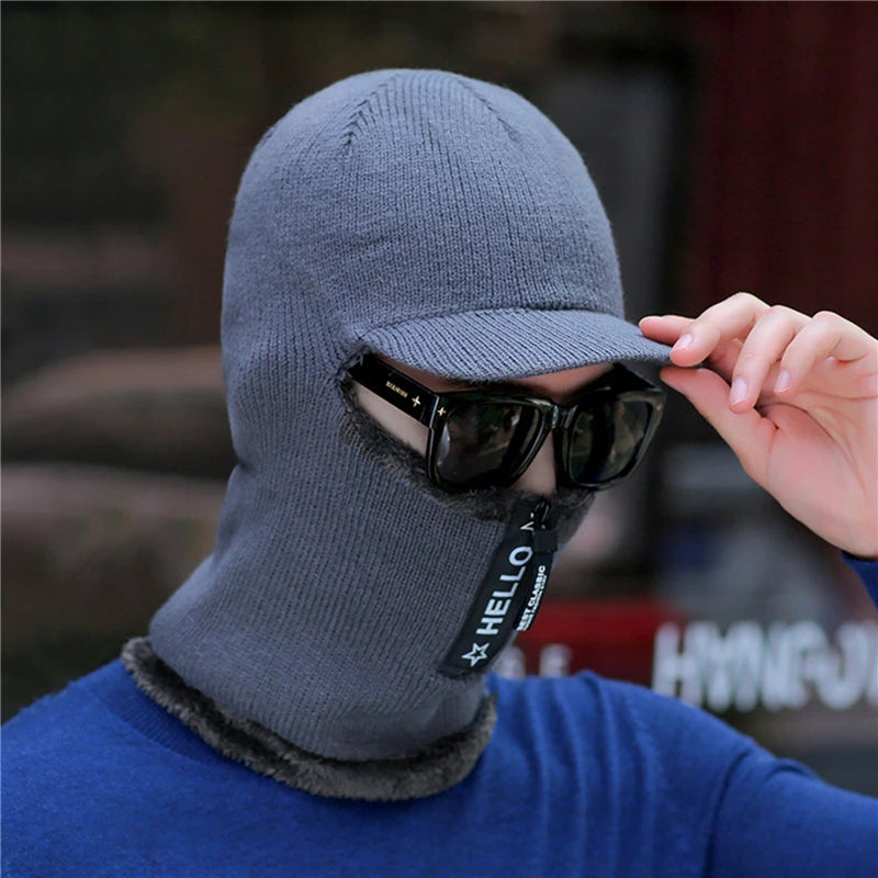 New Men Winter Warm Wool Hat, Warm Thick Knitted Cap, Outdoor Ear Protection Hats, Bicycle Scarf Windproof Visors Cap