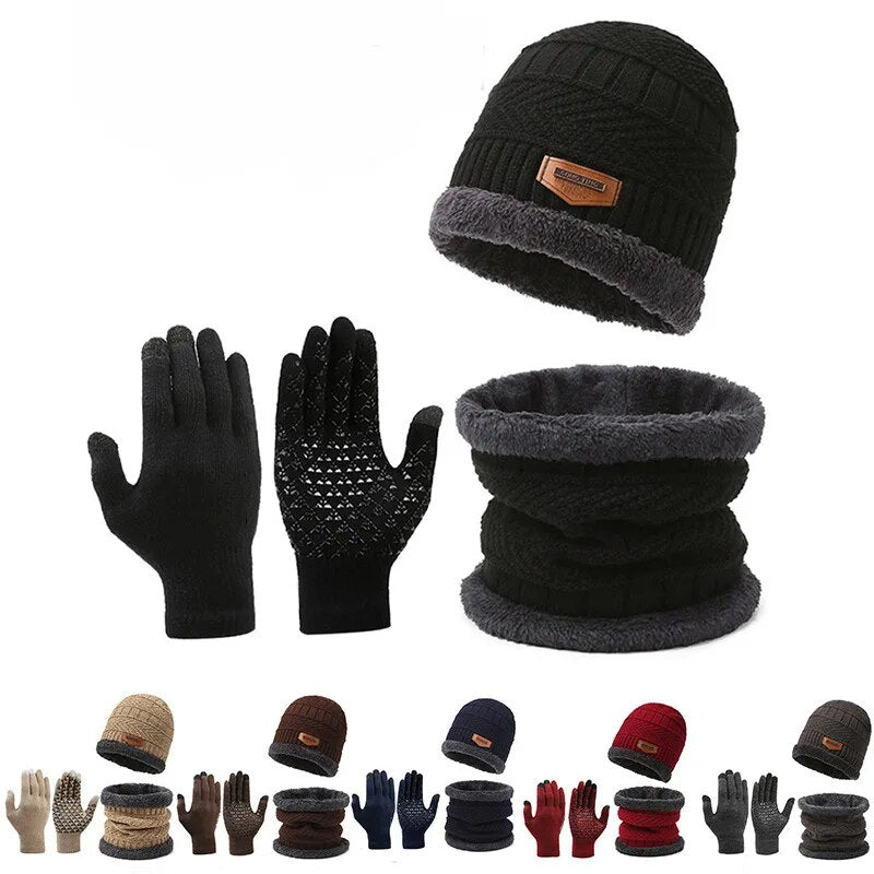 Men windproof hat, outdoor winter scarf, gloves, three piece neckline, one plus cashmere insulated knit hat