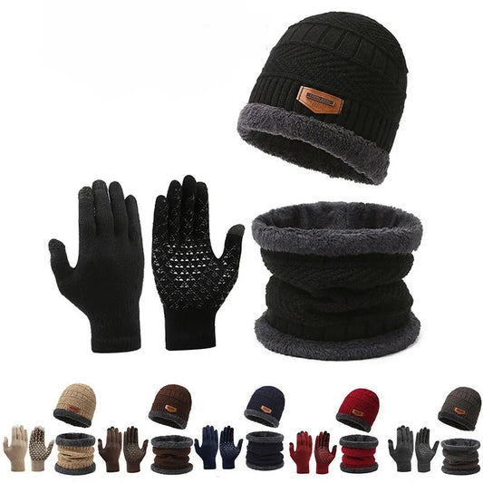 Men windproof hat, outdoor winter scarf, gloves, three piece neckline, one plus cashmere insulated knit hat