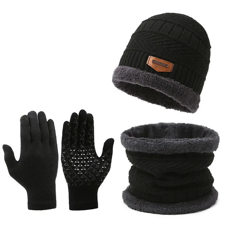Men windproof hat, outdoor winter scarf, gloves, three piece neckline, one plus cashmere insulated knit hat