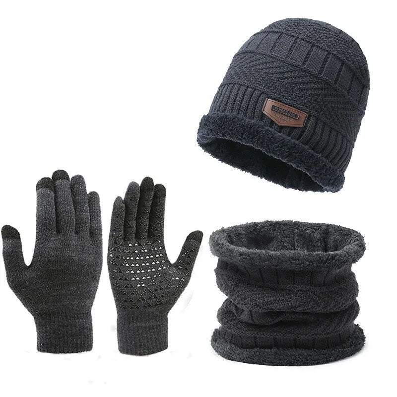 Men windproof hat, outdoor winter scarf, gloves, three piece neckline, one plus cashmere insulated knit hat