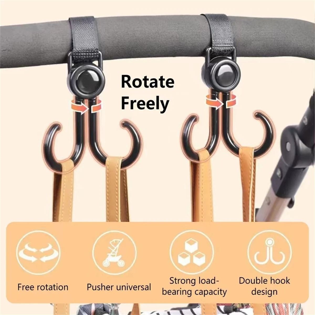2 Piece PU Leather Stroller Hook Set With 360 Degree Rotation