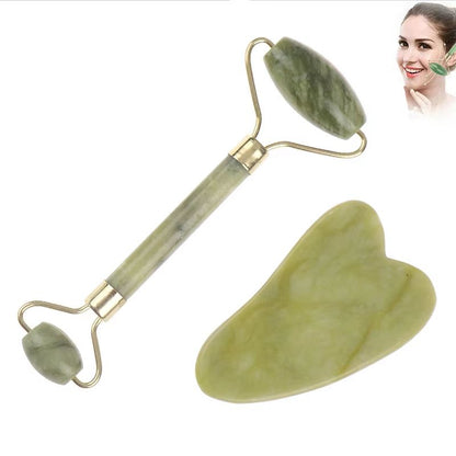 Natural Rose Jade Roller & Gua Sha Board Set – Facial, Eye & Body Massage Tool for Skin Lifting and Tension Relief