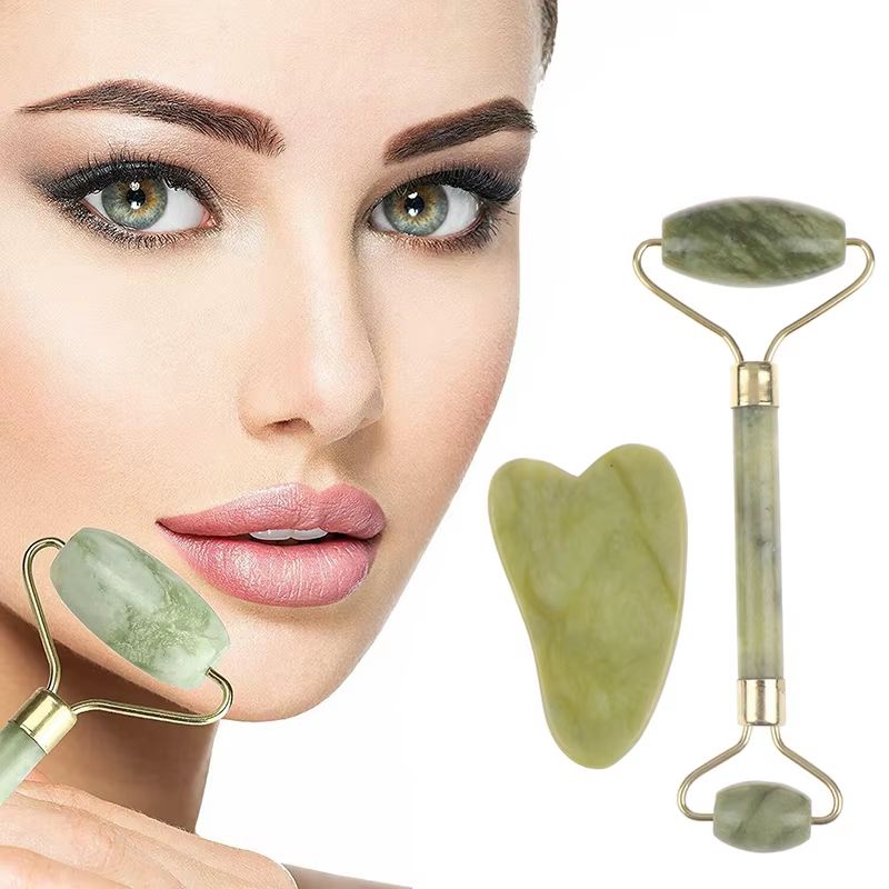 Natural Rose Jade Roller & Gua Sha Board Set – Facial, Eye & Body Massage Tool for Skin Lifting and Tension Relief