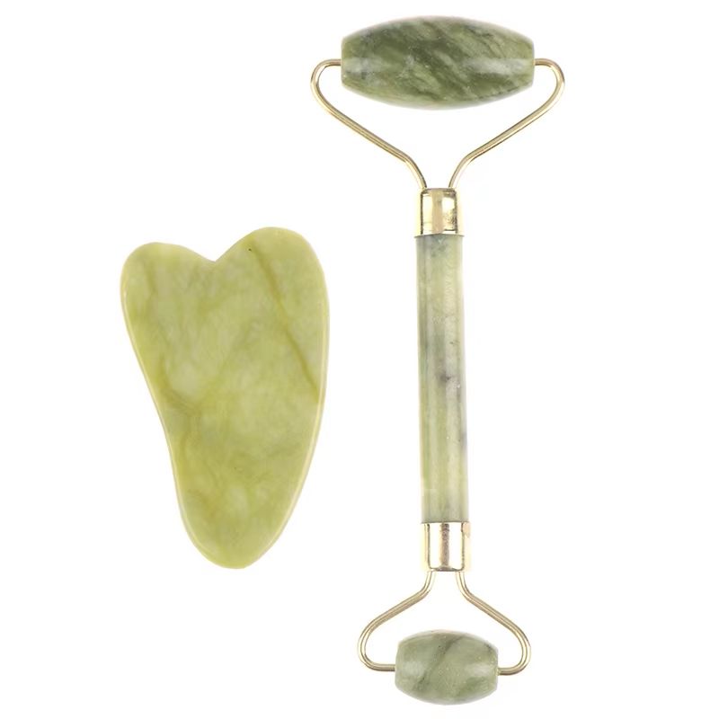 Natural Rose Jade Roller & Gua Sha Board Set – Facial, Eye & Body Massage Tool for Skin Lifting and Tension Relief