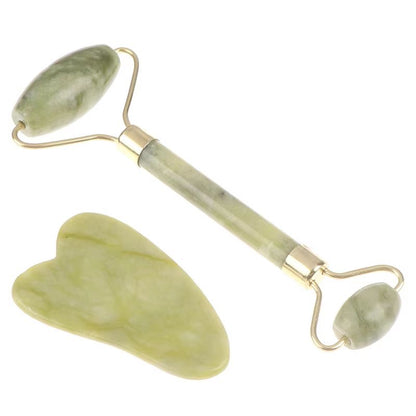 Natural Rose Jade Roller & Gua Sha Board Set – Facial, Eye & Body Massage Tool for Skin Lifting and Tension Relief