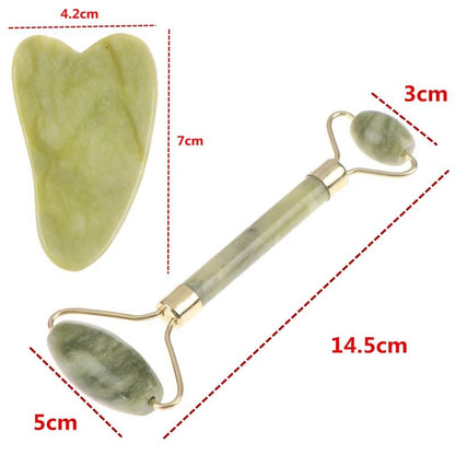 Natural Rose Jade Roller & Gua Sha Board Set – Facial, Eye & Body Massage Tool for Skin Lifting and Tension Relief