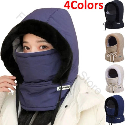 Cold Weather Thermal 3 in 1 Scarf Winter Windproof Hood Hat with Plush Neck Warmer