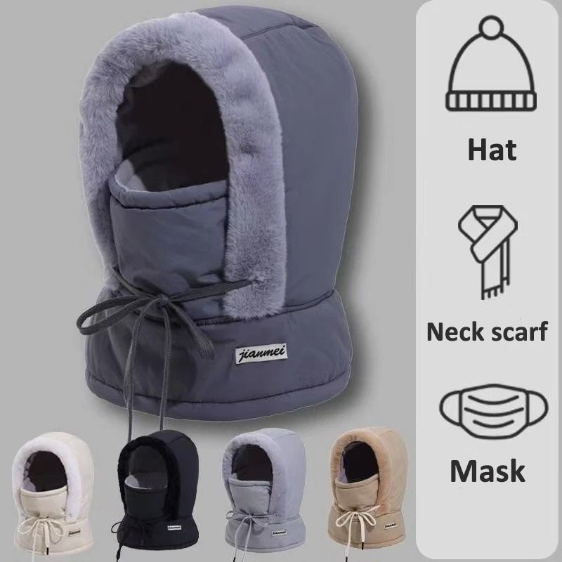 Cold Weather Thermal 3 in 1 Scarf Winter Windproof Hood Hat with Plush Neck Warmer