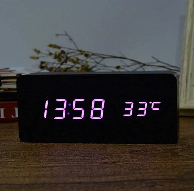 Woodgrain Luxe LED Alarm Clock, Digital Wooden Desk Clock with Temperature Display