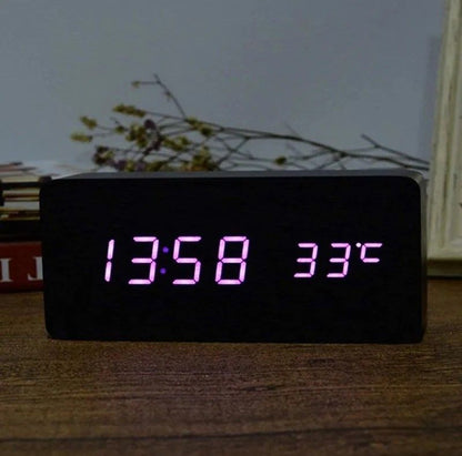 Woodgrain Luxe LED Alarm Clock, Digital Wooden Desk Clock with Temperature Display