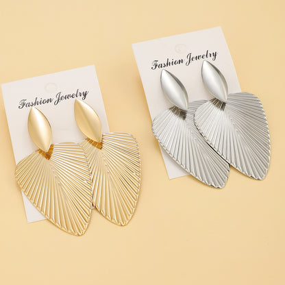 Big Earrings Womens Exaggerated Fashion, Advanced Metal Textured Leaf Pendant, Geometry Drop Earring