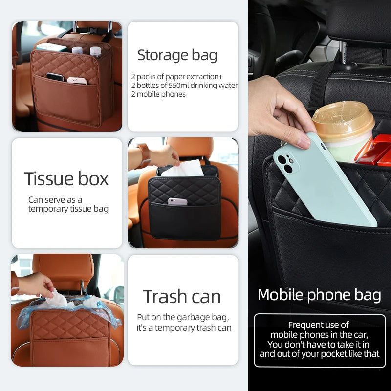 Leather Storage Bag for Car, Multifunctional Seat Storage Bag, Garbage Bag for Car Modelse