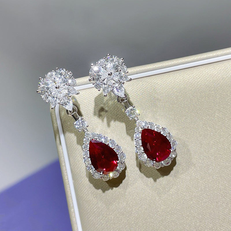 Huitan Bright Red Dangle Earrings, Trendy Jewelry for Women, Aesthetic Flower Design, Bridal Wedding Anniversary Gift