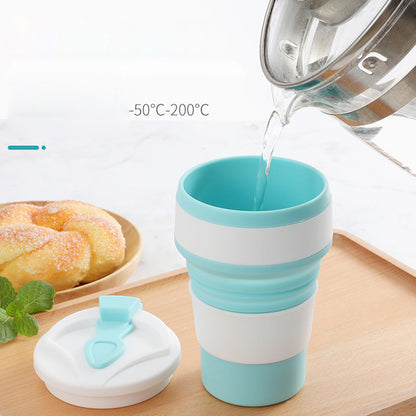 Food Grade Silicone Folding Cup with Lid, Reusable Portable Coffee Cup for Travel and Camping