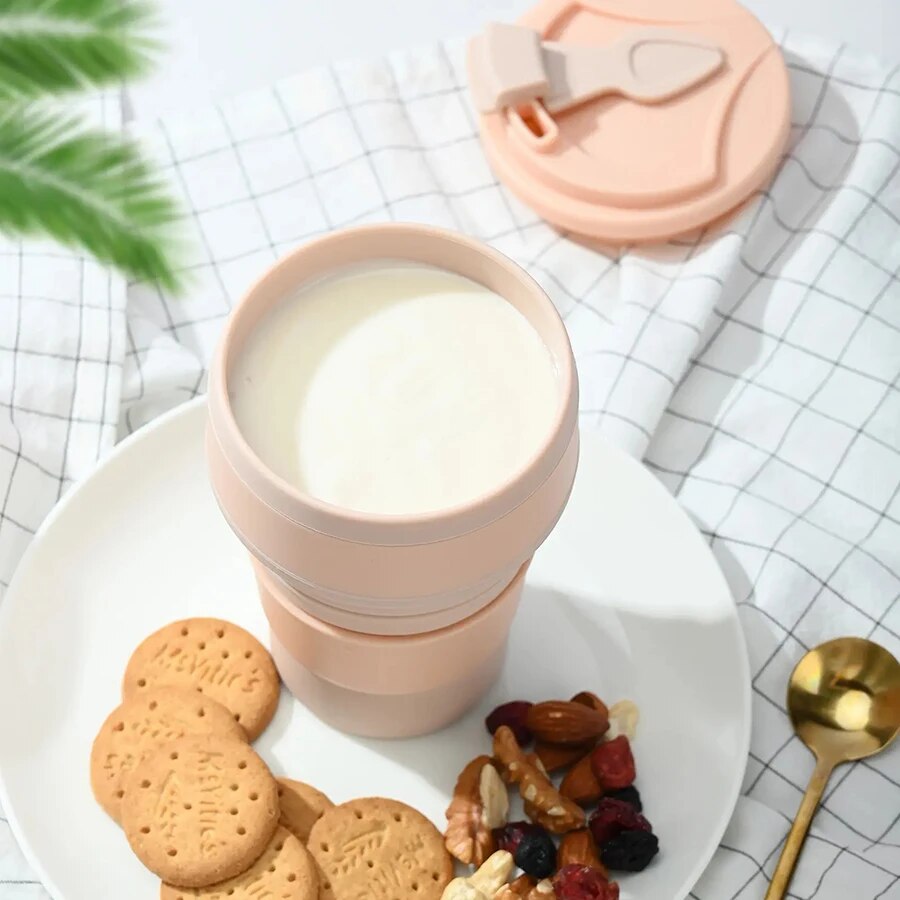 Food Grade Silicone Folding Cup with Lid, Reusable Portable Coffee Cup for Travel and Camping
