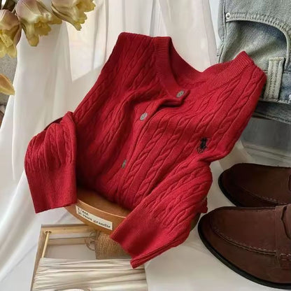 Vintage Embroidered Knit Cardigan, Red & White Round-Neck Layering Jacket