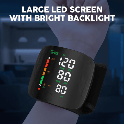 Rechargeable Wrist Blood Pressure Monitor Accurate Digital Tensiometer with Heart Rate & LED Display