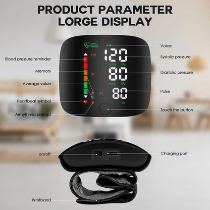 Rechargeable Wrist Blood Pressure Monitor Accurate Digital Tensiometer with Heart Rate & LED Display
