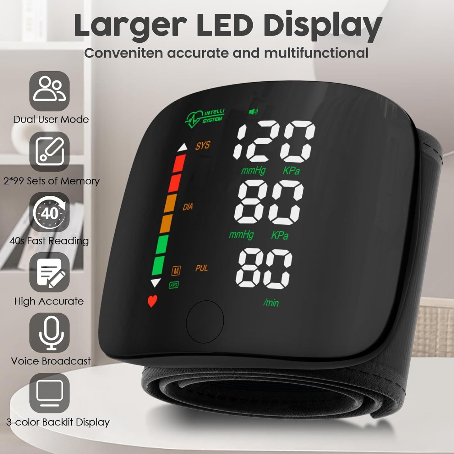 Rechargeable Wrist Blood Pressure Monitor Accurate Digital Tensiometer with Heart Rate & LED Display