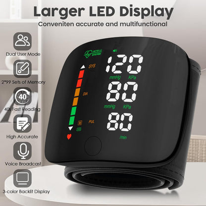 Rechargeable Wrist Blood Pressure Monitor Accurate Digital Tensiometer with Heart Rate & LED Display