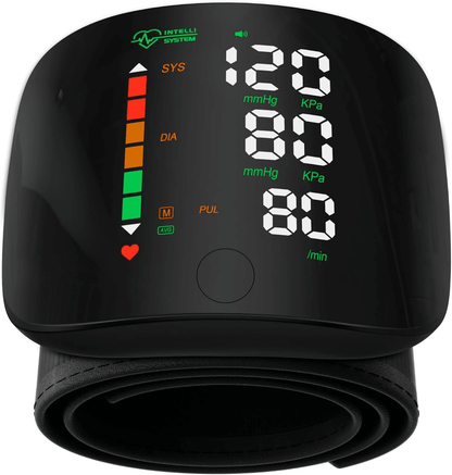 Rechargeable Wrist Blood Pressure Monitor Accurate Digital Tensiometer with Heart Rate & LED Display