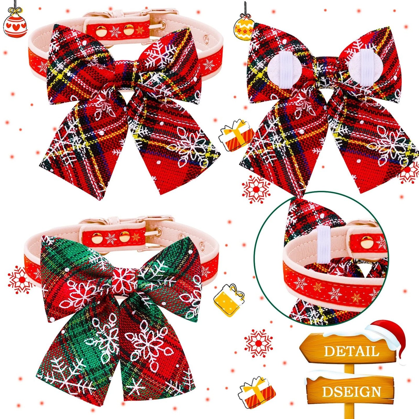Movable Winter Dog Collars with Elastic Bands and Christmas Bow Ties – 2 PCS Set