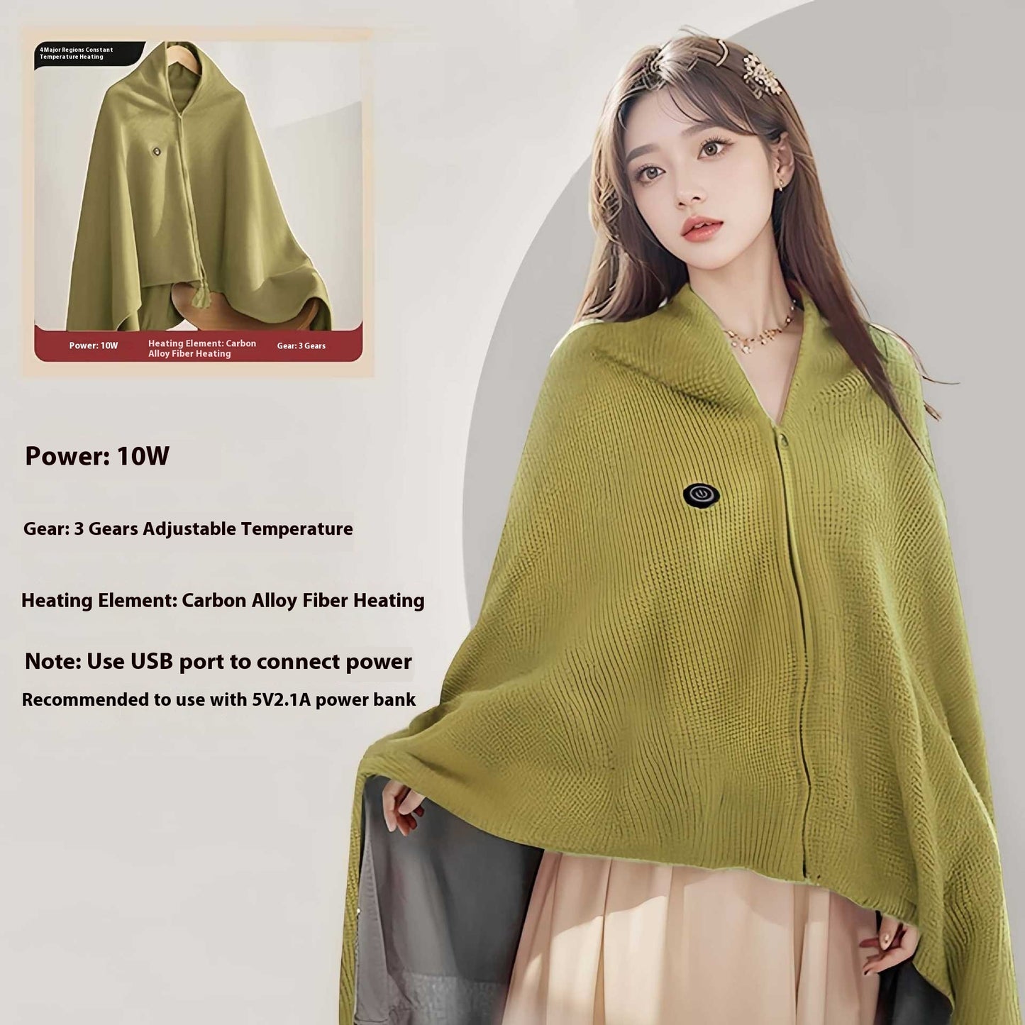 USB Heated Blanket, Electric Shawl Wraps, Heating USB Powered Blanket, Women Wearable Throw Blanket