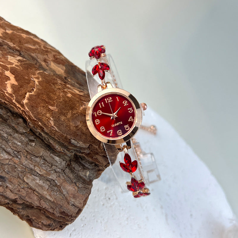 Elegant Ladies Quartz Watch, Round Alloy Case, Arabic Numeral Dial, Leaf-Shaped Diamond-Studded Bracelet