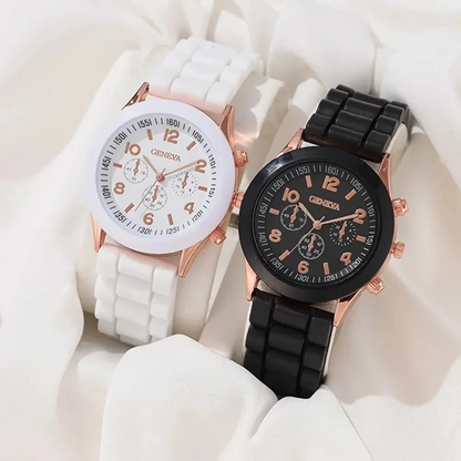 Elegant Fashion Watch Set for Women, Luxury Alloy Silicone Strap Quartz Men Watches