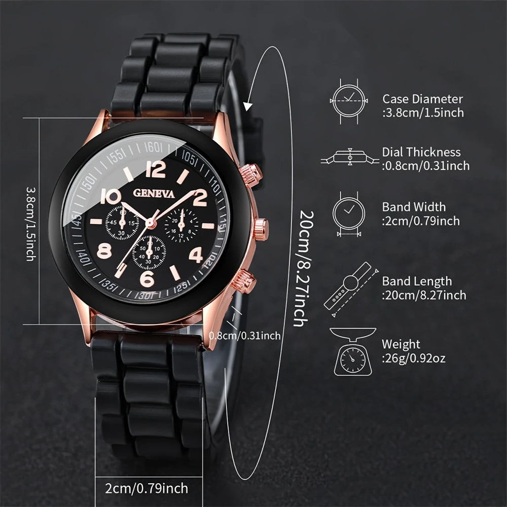 Elegant Fashion Watch Set for Women, Luxury Alloy Silicone Strap Quartz Men Watches
