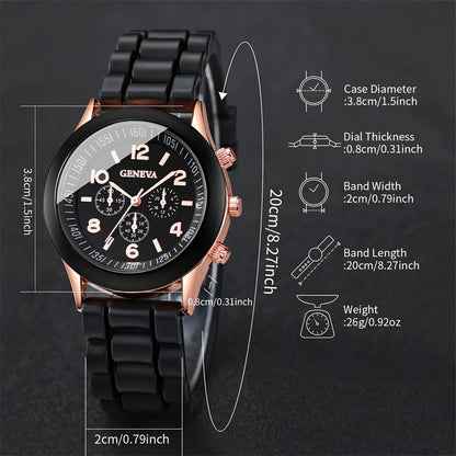 Elegant Fashion Watch Set for Women, Luxury Alloy Silicone Strap Quartz Men Watches