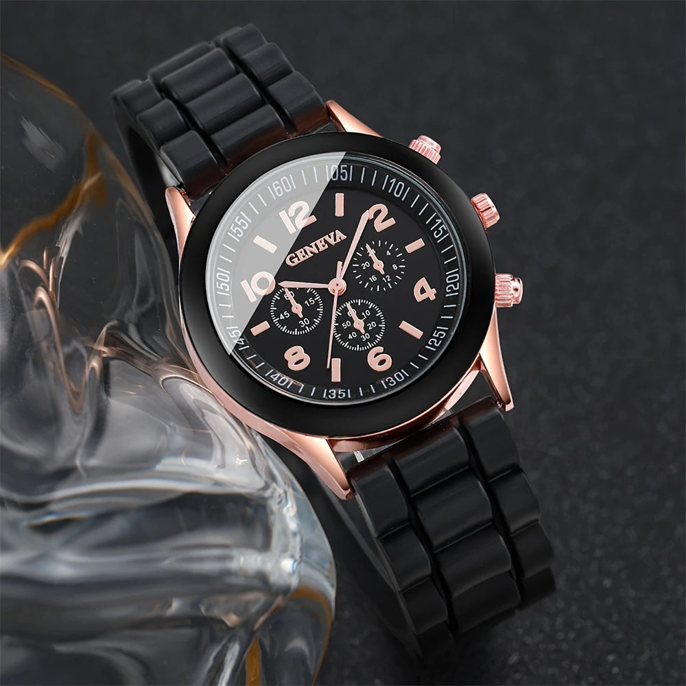 Elegant Fashion Watch Set for Women, Luxury Alloy Silicone Strap Quartz Men Watches
