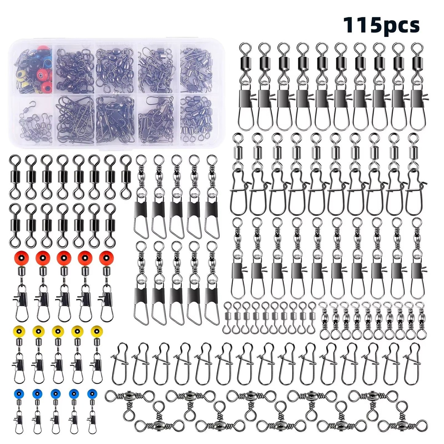115-Piece fishing connector swivels Kit with Box – Center Pass Swivels & Pins for Sea, Bass & Trout Rigs