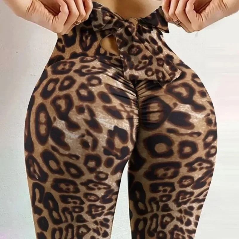 High Waist Butterfly Print Leggings with Bow Bandage Design for Yoga and Fitness