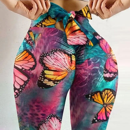 High Waist Butterfly Print Leggings with Bow Bandage Design for Yoga and Fitness