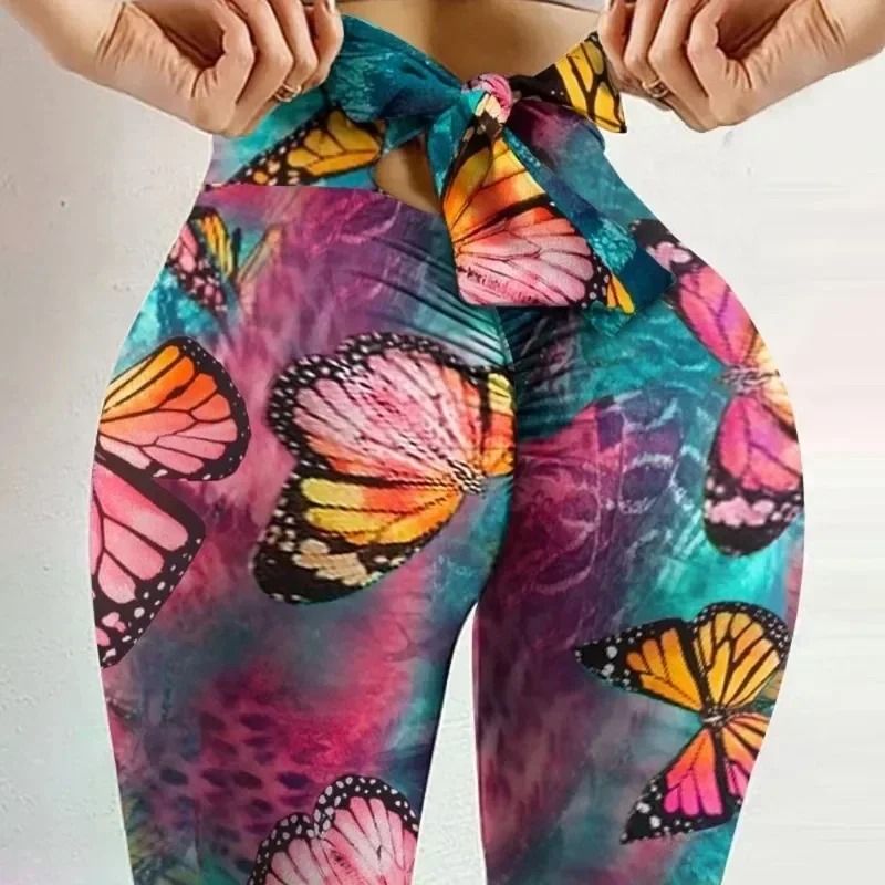 High Waist Butterfly Print Leggings with Bow Bandage Design for Yoga and Fitness