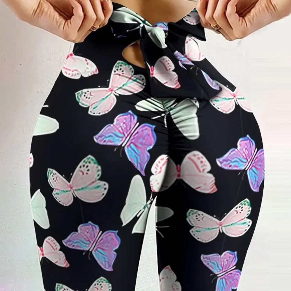 High Waist Butterfly Print Leggings with Bow Bandage Design for Yoga and Fitness