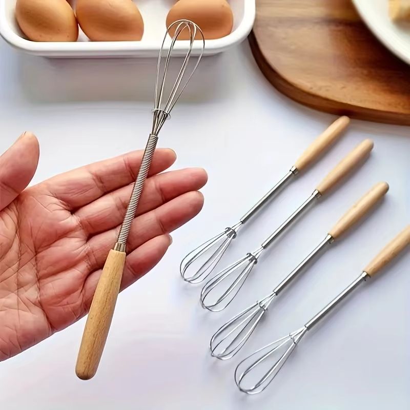 Mini Stainless Steel Whisk with Wooden Handle – Egg Beater and Milk Frother