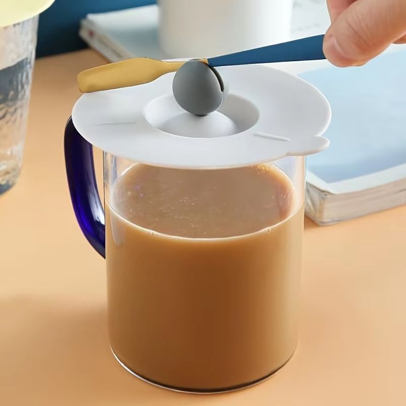 Heat-Resistant Silicone Universal Cup Lid with Spoon Holder and Anti-Dust Cover