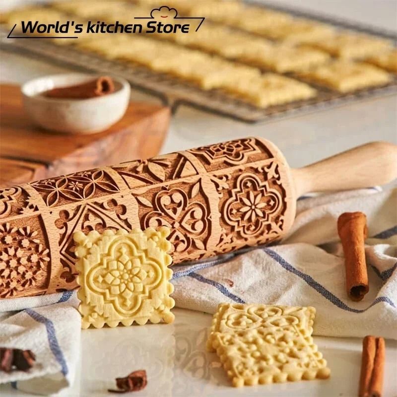 Engraved Wooden Christmas Rolling Pin for Cookies and Baking
