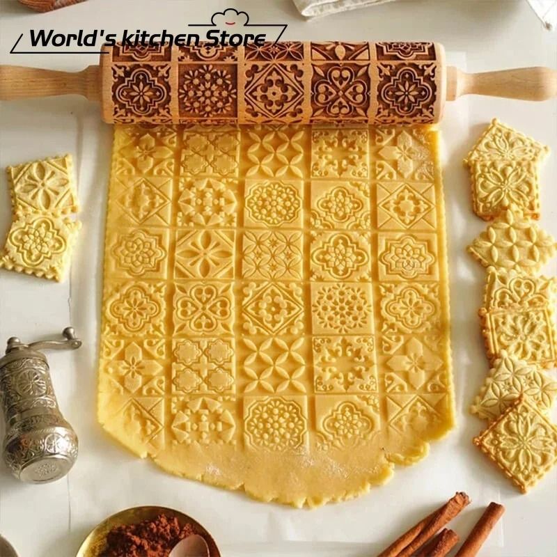 Engraved Wooden Christmas Rolling Pin for Cookies and Baking