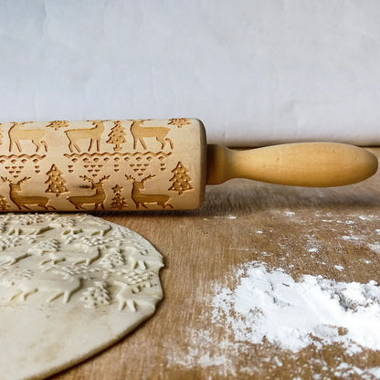 Engraved Wooden Christmas Rolling Pin for Cookies and Baking